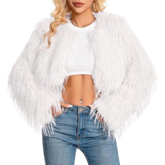 Women's Faux Fur Coat White Slim Cropped Fuzzy Fur Fluffy Fall Winter Jacket - Picture 1 of 5